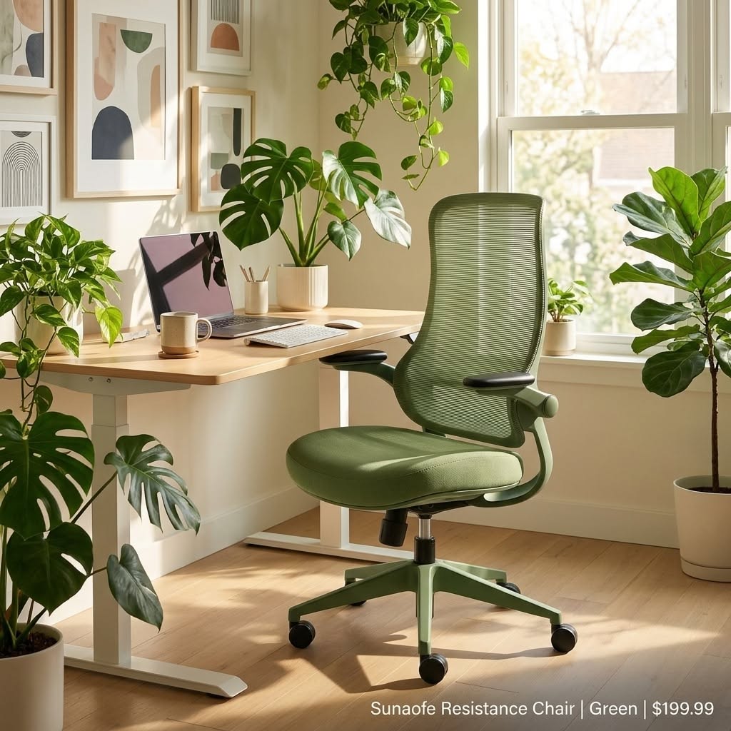 Green ergonomic office chair in a bright, plant-filled home office with a wooden desk.