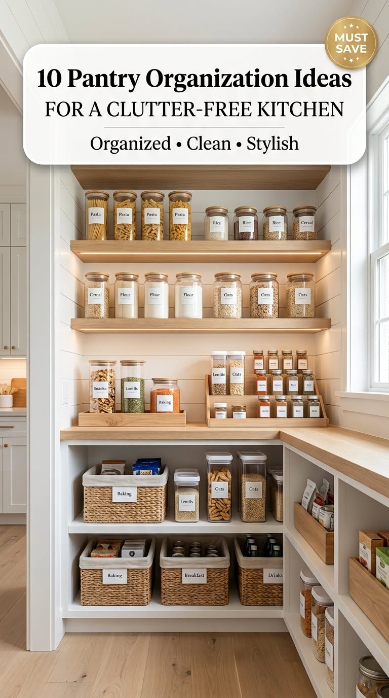 Bright, organized pantry with open shelves holding clear labeled jars of dry goods and woven baskets on lower shelves.