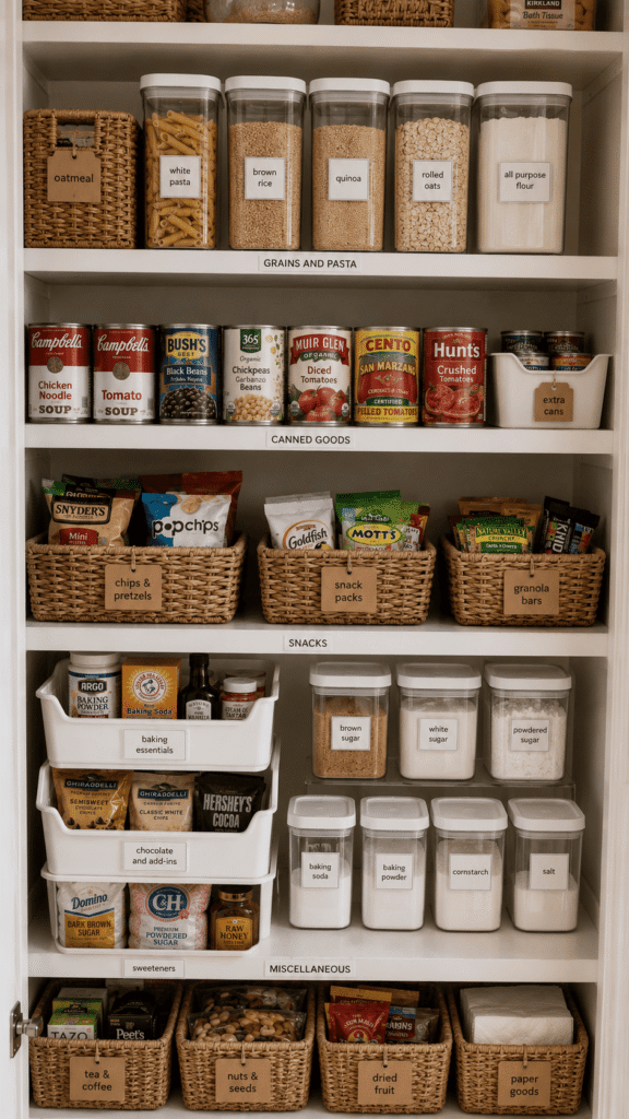 White pantry shelves organized with labeled clear containers for grains, wicker baskets for snacks, and tiered bins for…