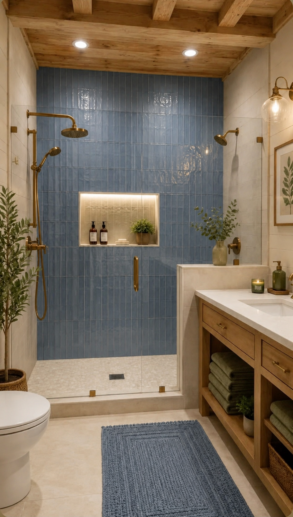 Bathroom with wooden ceiling beams, a blue tiled shower, a white vanity with a wooden base, and a blue bath mat.