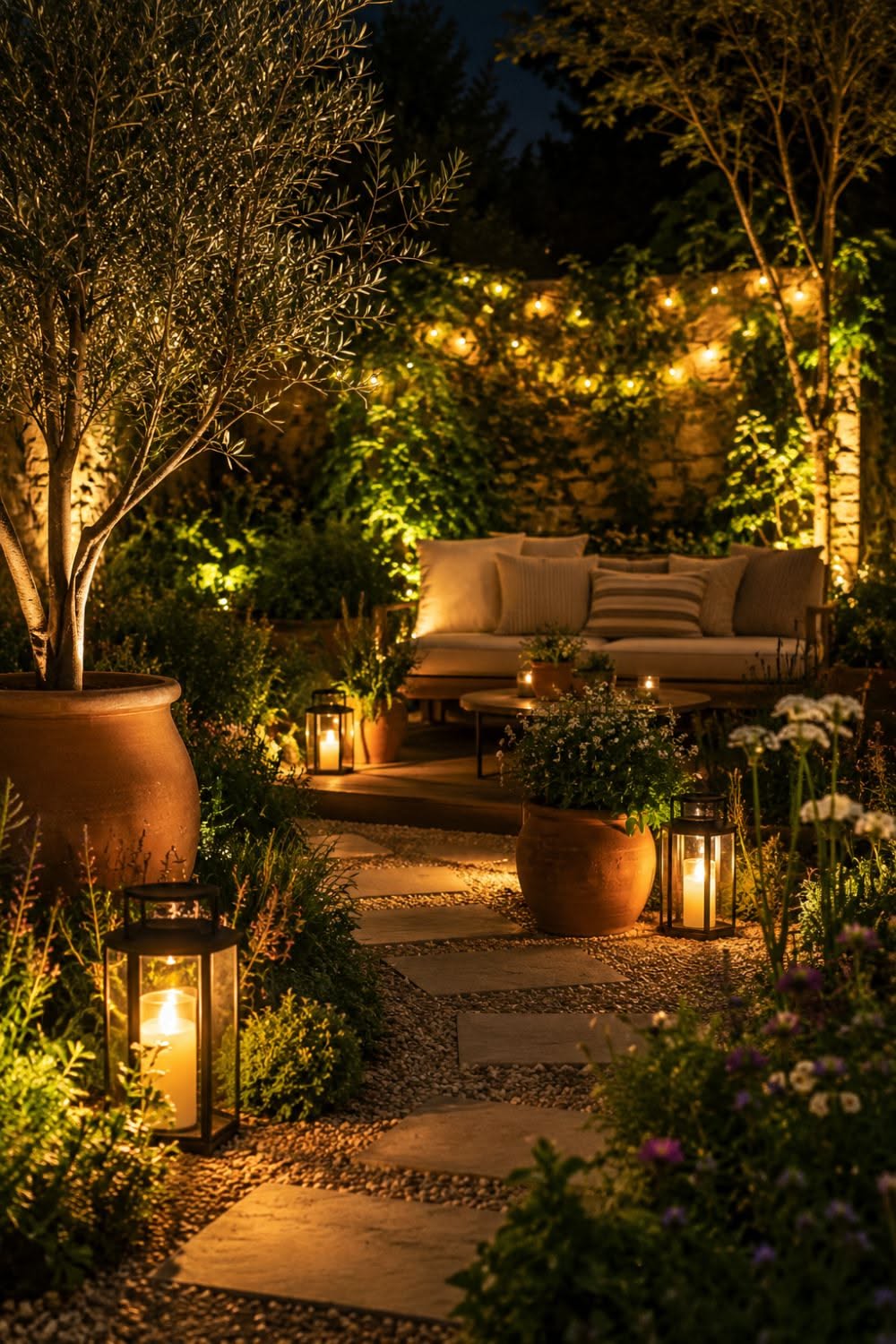 An outdoor garden at night, illuminated by string lights, lanterns, and spotlights highlighting an olive tree and a seating…