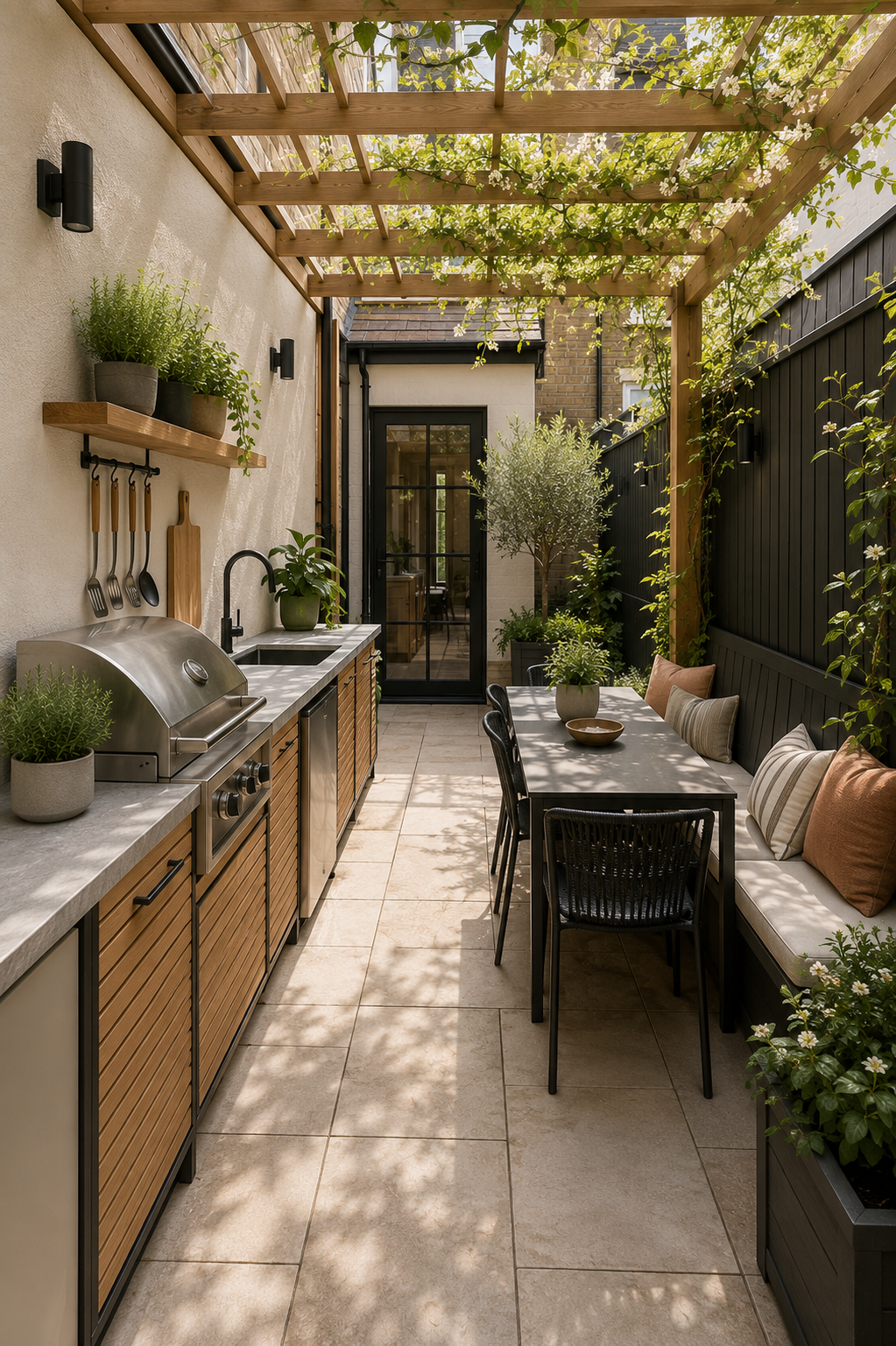 Narrow outdoor kitchen with a grill, sink, and integrated cabinets, adjacent to a dining table with a built-in bench under a…