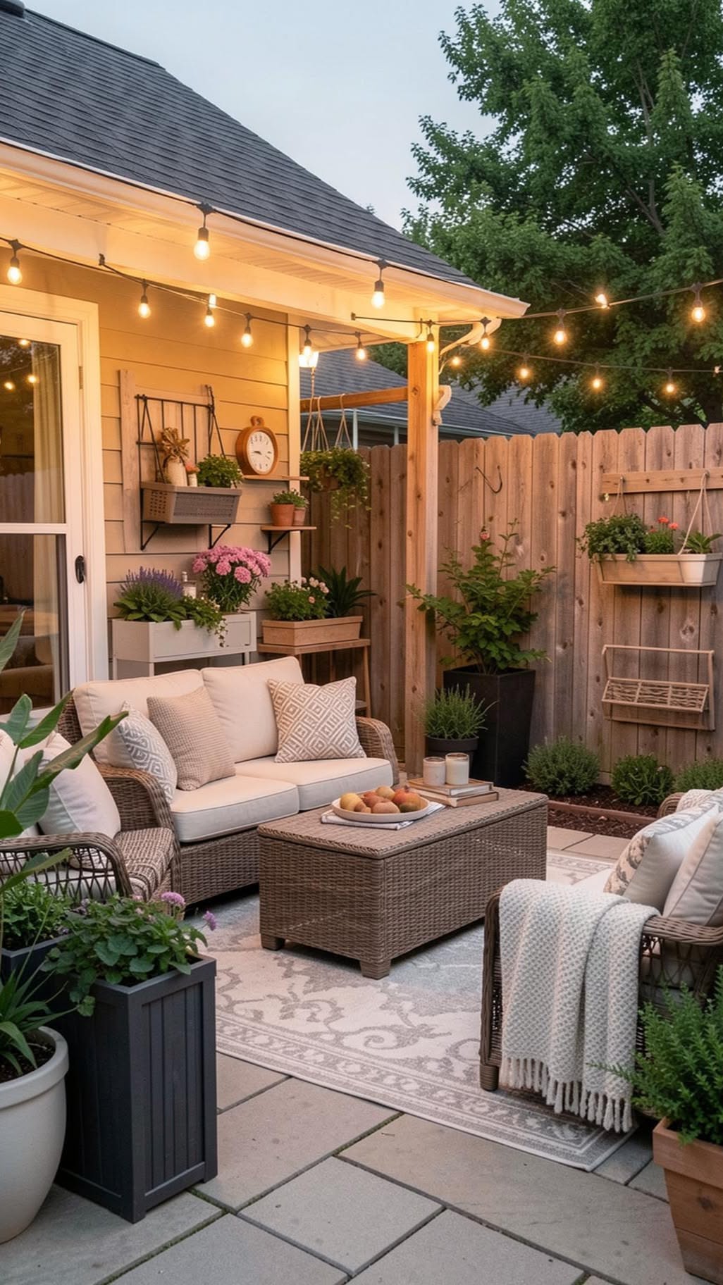 Small patio with string lights, wicker sofa and chair, coffee table, and various plants in containers.