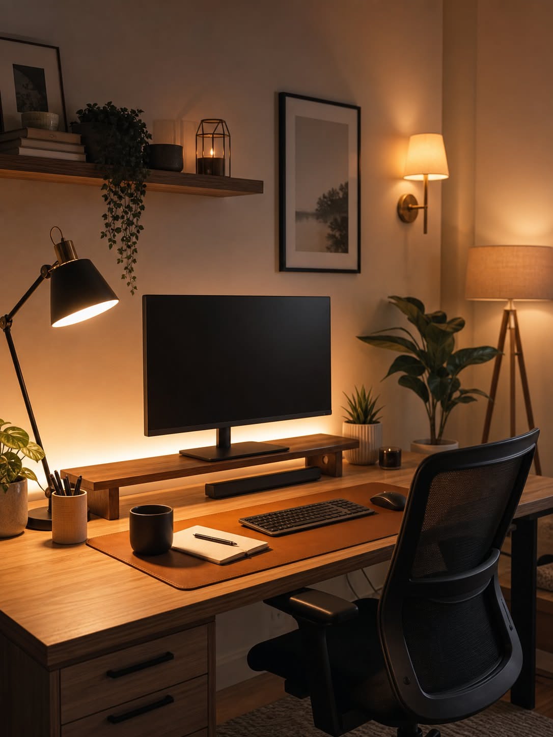 Evening view of a home office desk with multiple warm lights, including a desk lamp and wall sconce