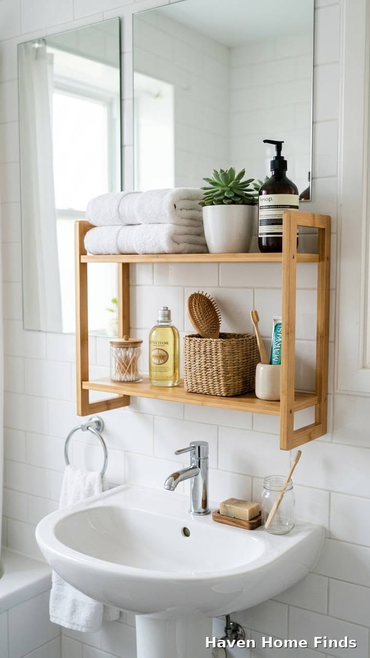 A two-tier wooden shelf mounted above a sink in a tiled bathroom, holding towels, toiletries, and a small plant.