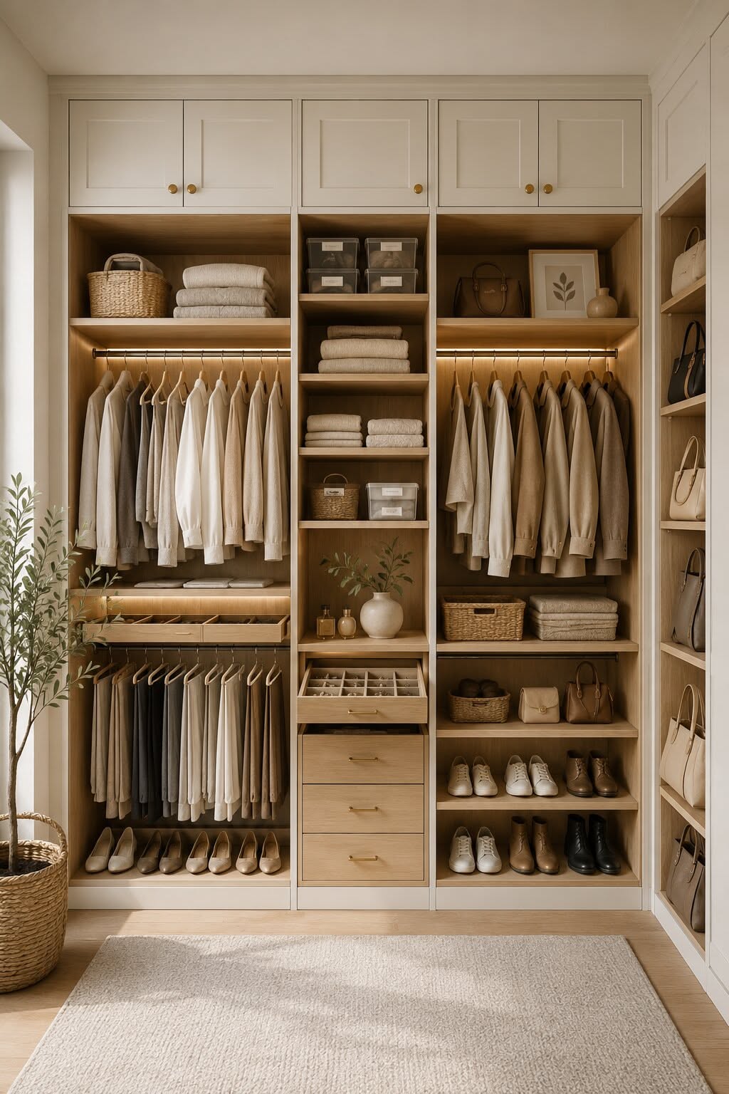 Neutral-toned closet system with hanging clothes, folded items, shoes, and accessories on shelves and in drawers.