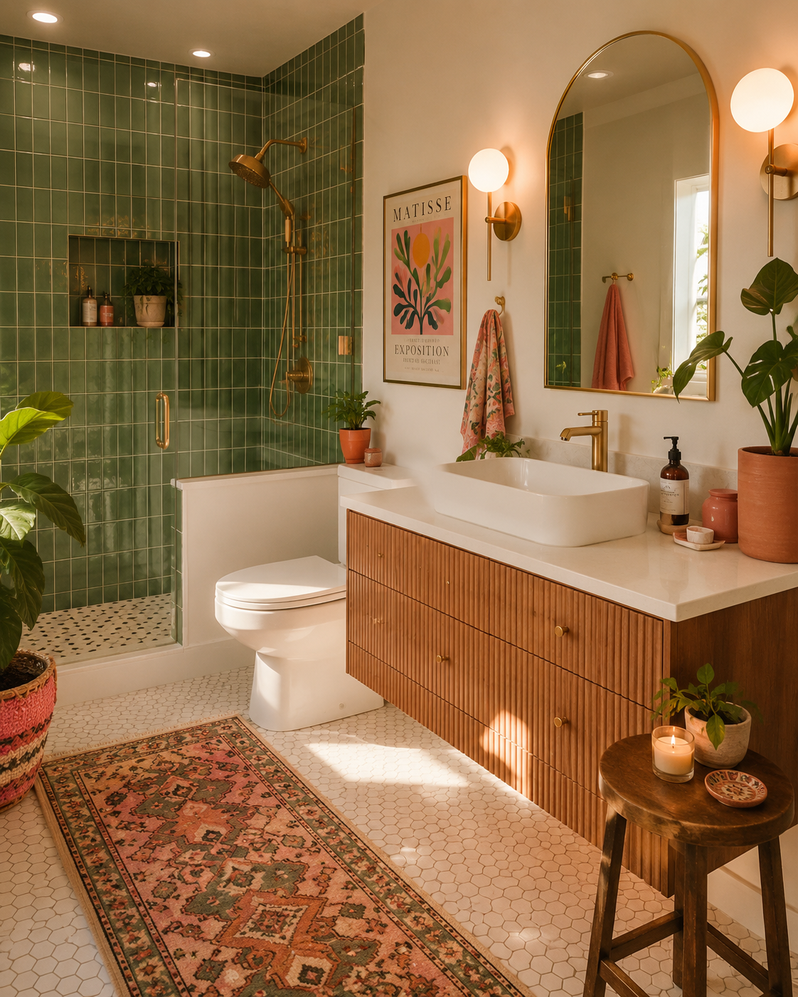 Bathroom with a wood vanity and a white vessel sink under an arched gold-framed mirror and round wall sconces.