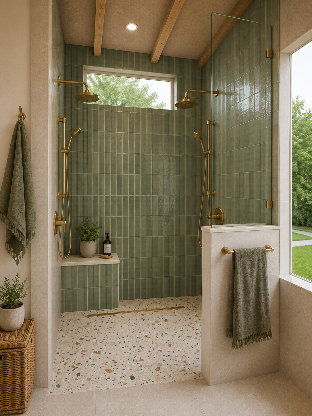 Shower with green tiled wall and brass shower heads, two hanging towels, and plants