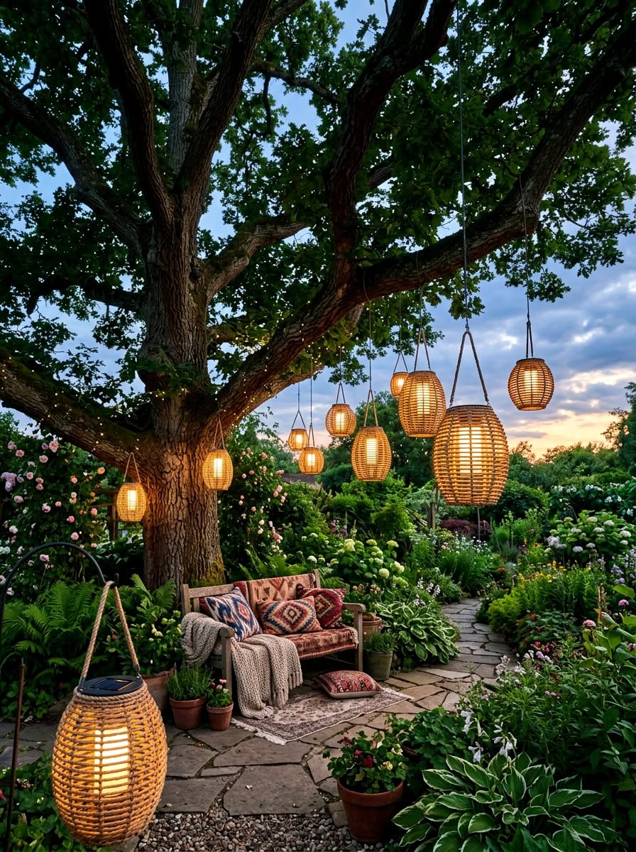Evening garden scene with many glowing rattan solar lanterns hanging from a large tree over a stone patio and wooden bench.