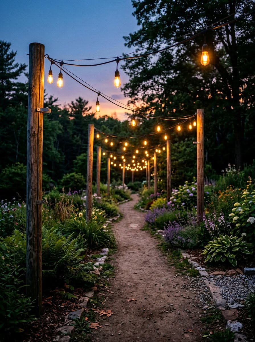 A garden path illuminated by strung Edison bulb lights on wooden poles, winding through lush plants at dusk.