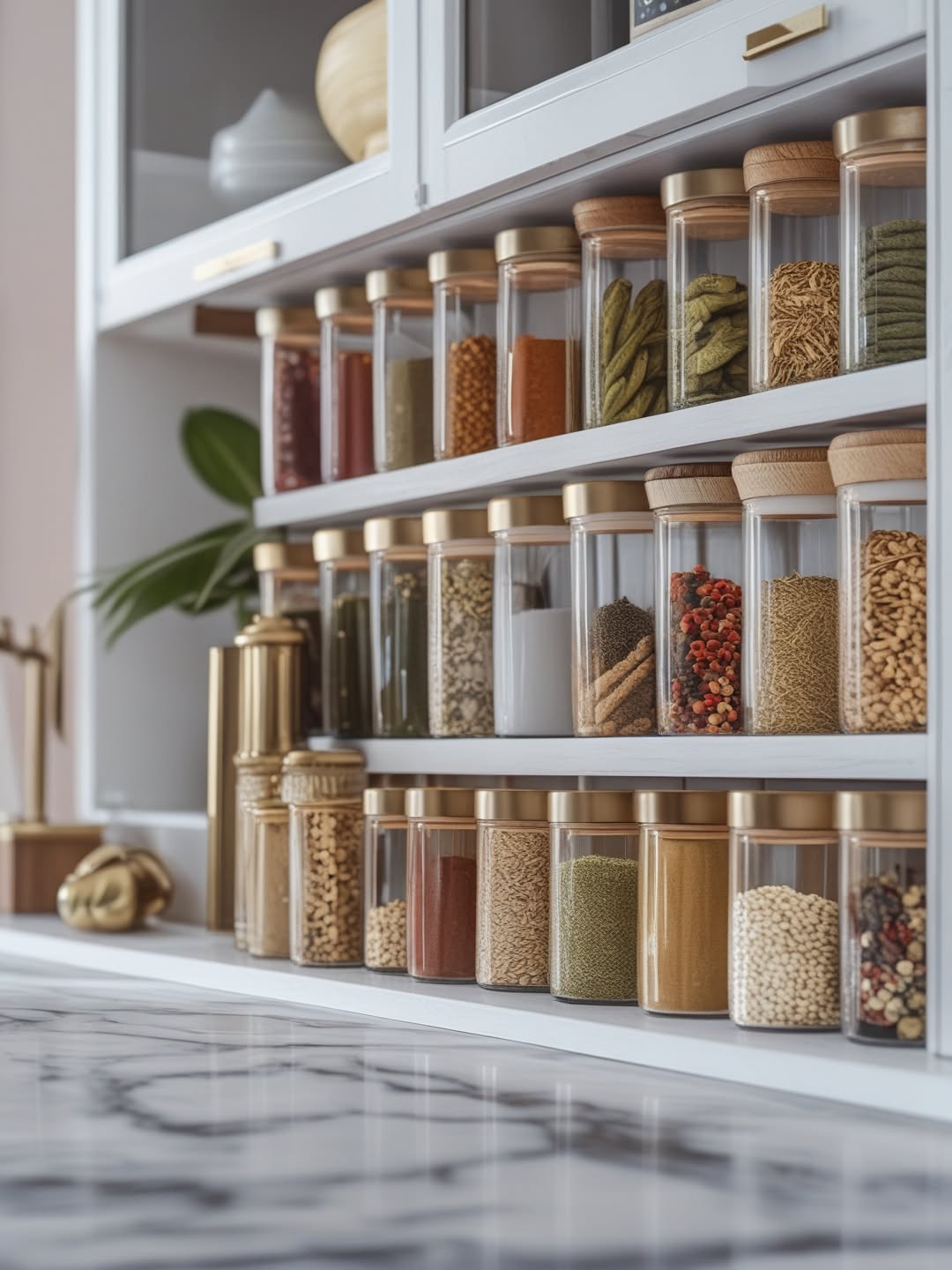 Several rows of clear glass jars with wooden lids, filled with various colorful spices and dry goods, neatly organized on…