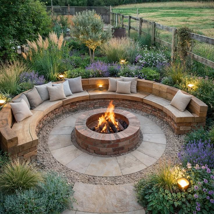 Brick fire pit surrounded by a curved, built-in wooden bench with cushions in a lush garden.