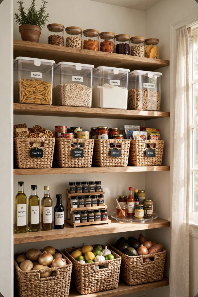 Pantry shelves with clear containers holding pasta, grains, and baking supplies, along with labeled baskets for other items.