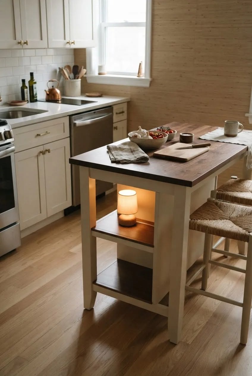 Small kitchen island with a dark wood top, light base, and two open shelves below, featuring a small lamp on one shelf.