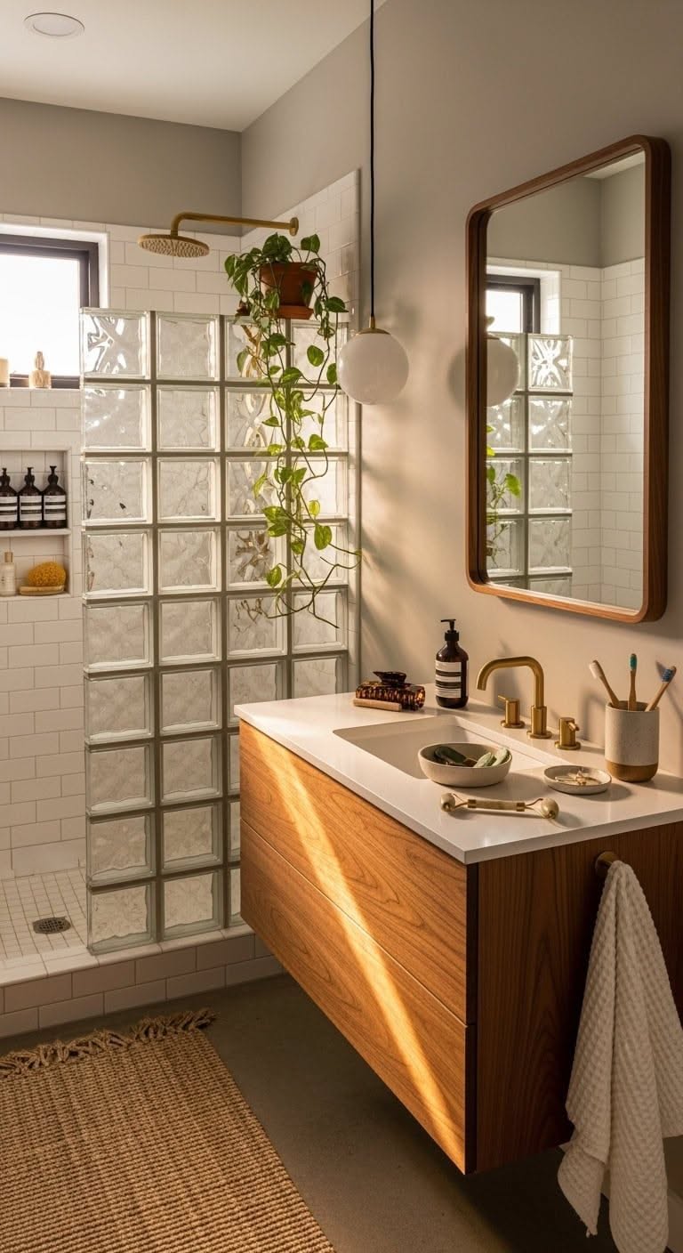 Modern bathroom with a glass block shower wall next to a floating wooden vanity and a mirror.