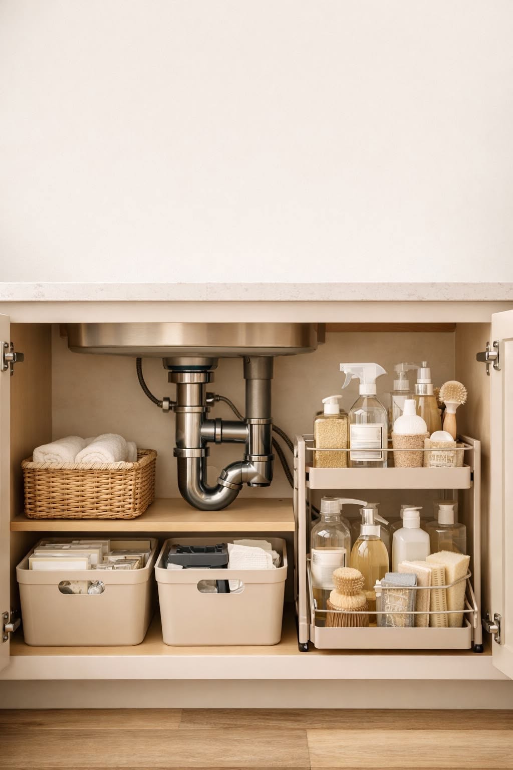 Organized under-sink cabinet with two-tier sliding organizer holding cleaning supplies and baskets on shelves.