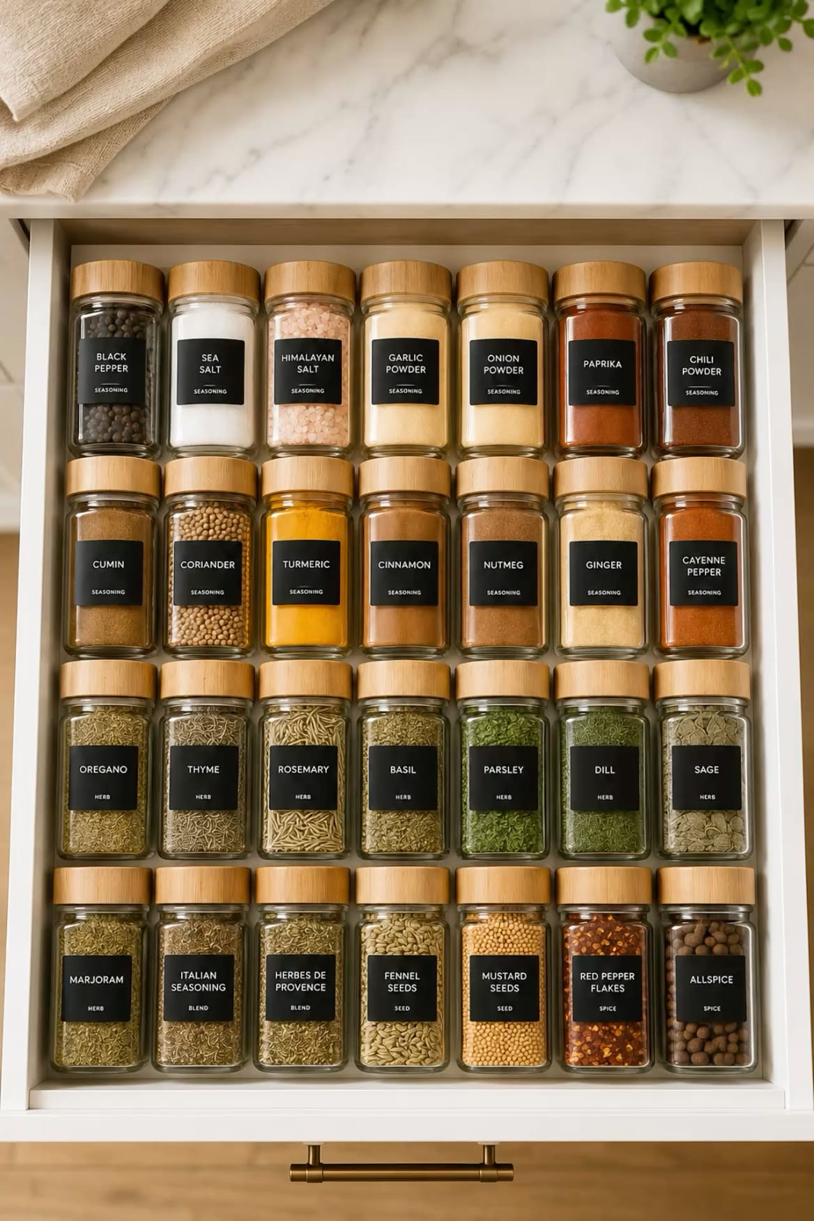 An open kitchen drawer neatly organized with rows of matching glass spice jars, each labeled clearly.
