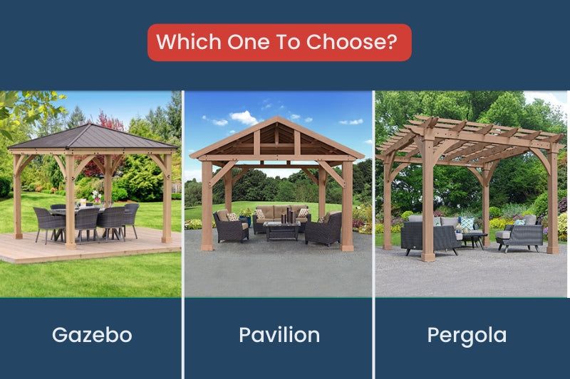 Three side-by-side outdoor structures: a gazebo with a solid roof, a pavilion with a slatted A-frame roof, and a pergola…