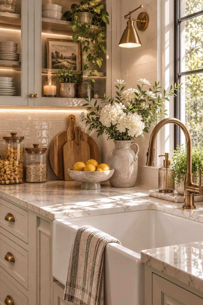 Corner of a farmhouse kitchen with a white sink, brass faucet, marble countertops, and open shelving styled with plants and…