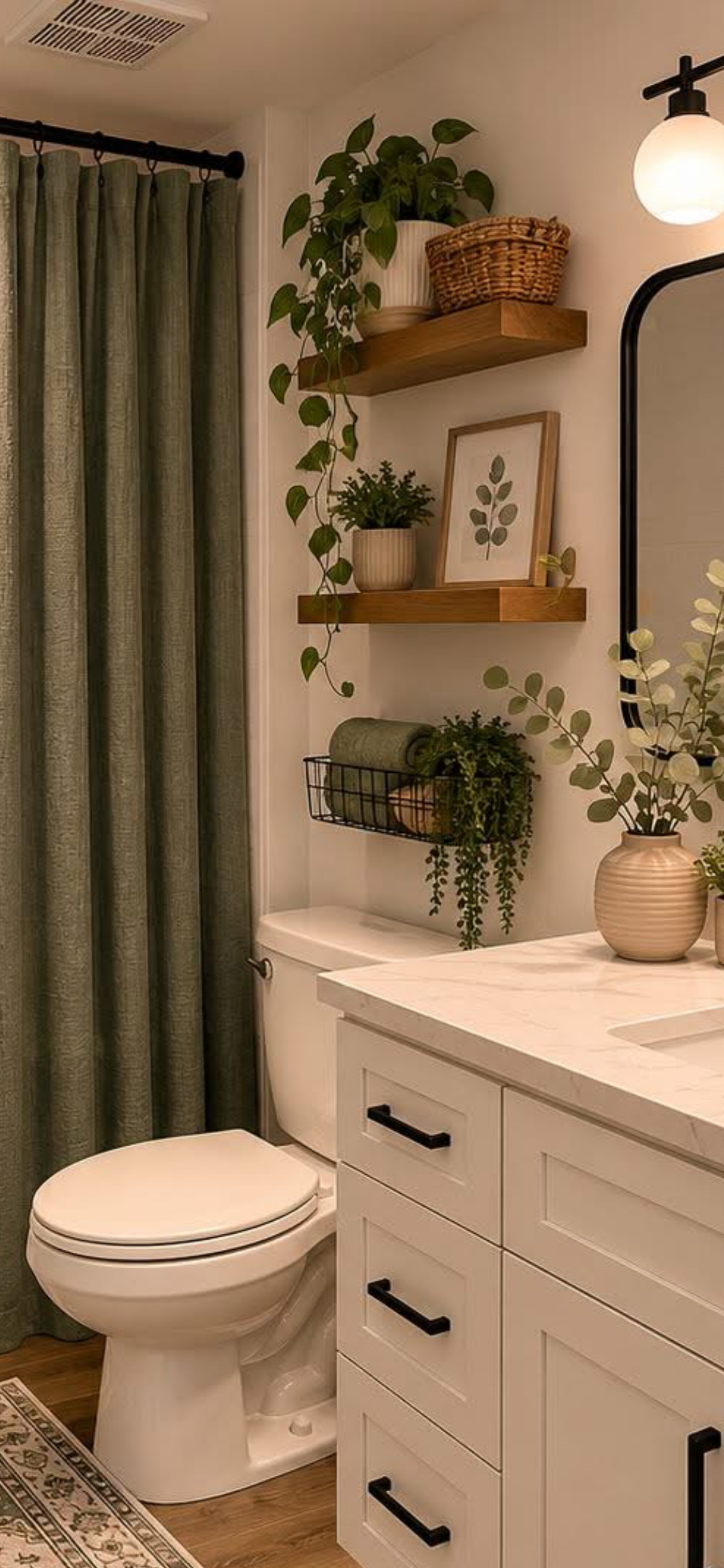 A bathroom with floating wooden shelves above a toilet, holding plants and a framed picture.