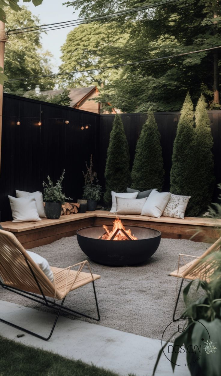 Backyard fire pit area with black fence, wooden bench with cushions, a round fire pit, and two woven chairs.