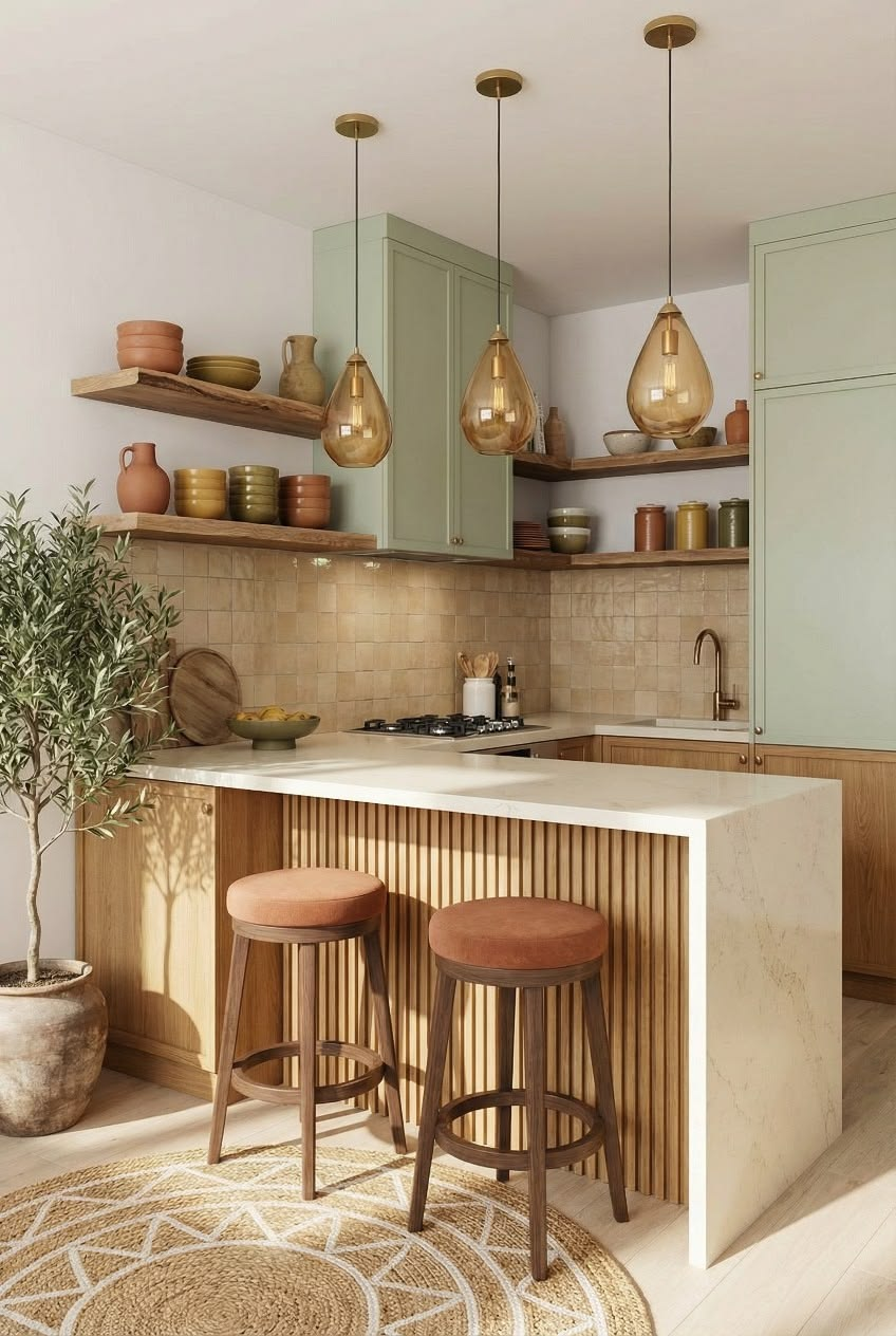 Kitchen island with stone countertop, slatted wood base, and two stools in a bright, modern kitchen.