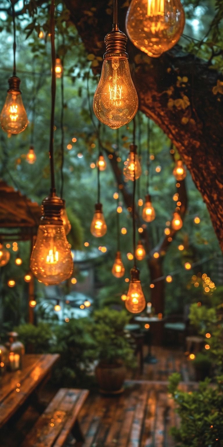 Edison bulb string lights hanging from tree branches over an outdoor dining area at dusk.