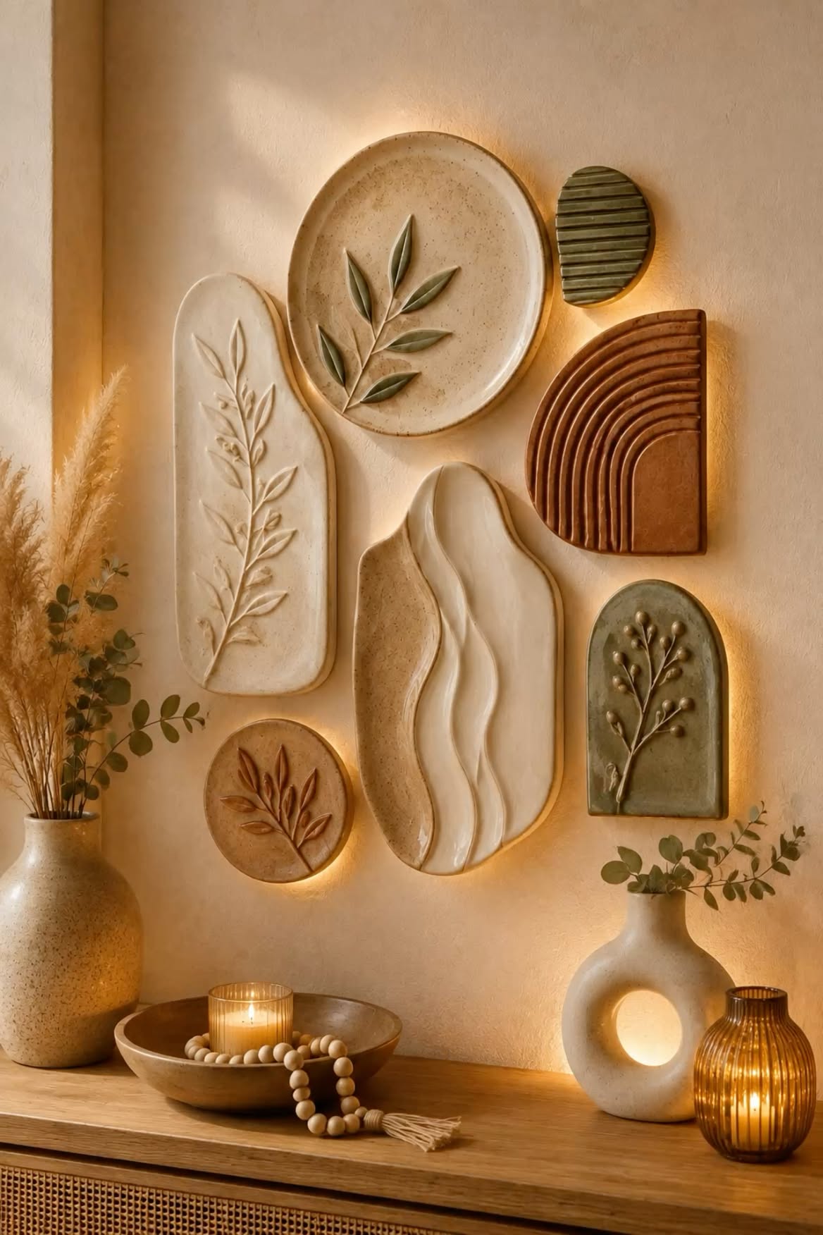Close-up of a wall featuring various textured ceramic or clay wall hangings with botanical designs and warm backlighting.