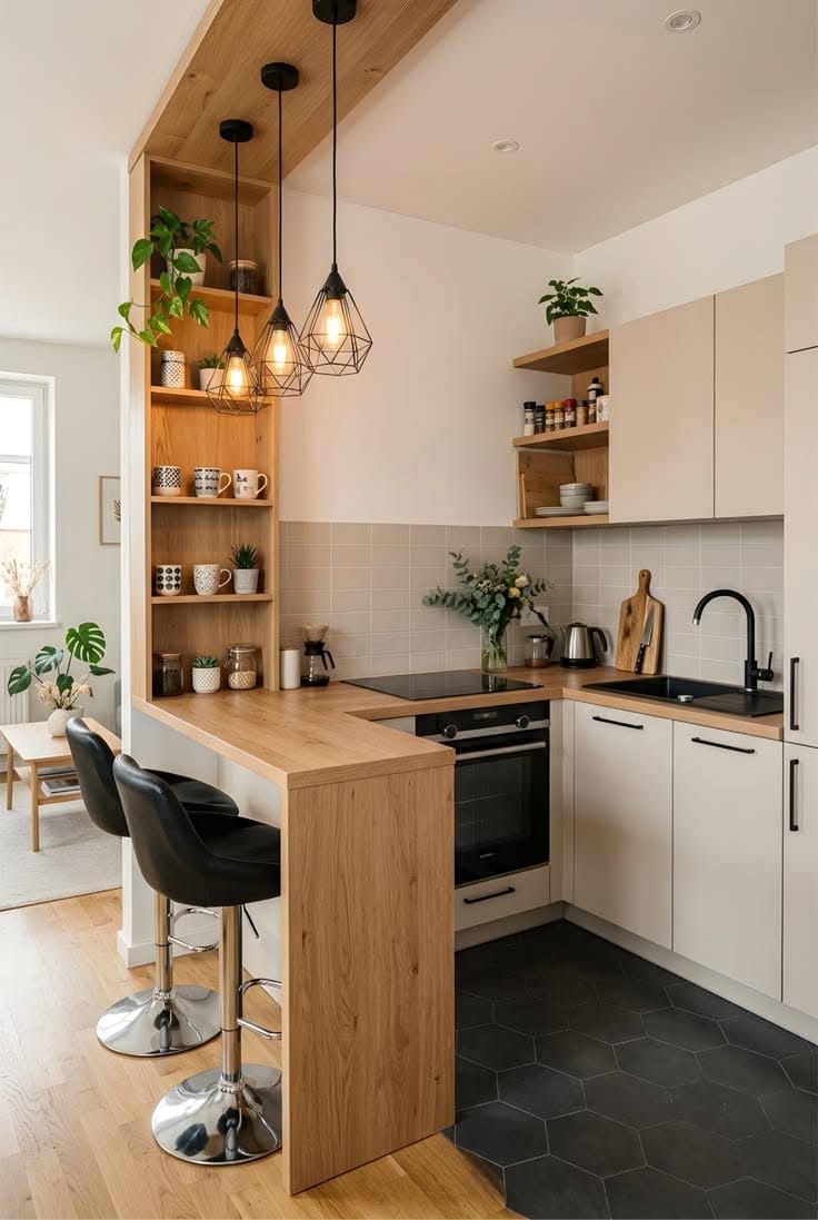 Small kitchen with light wood peninsula counter, built-in shelves, and two black bar stools.