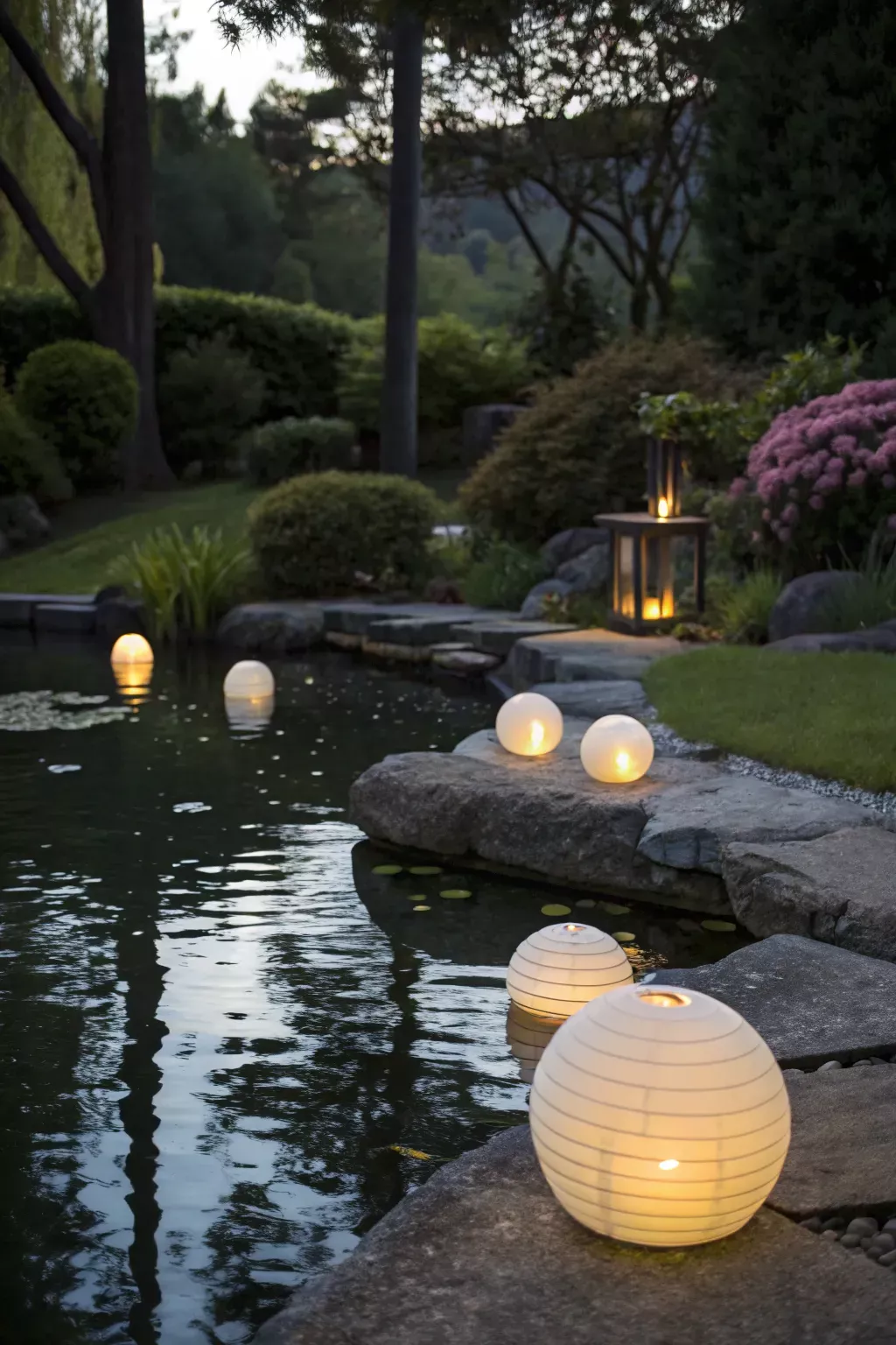 Illuminated spherical lights on and around a pond in a garden at dusk.