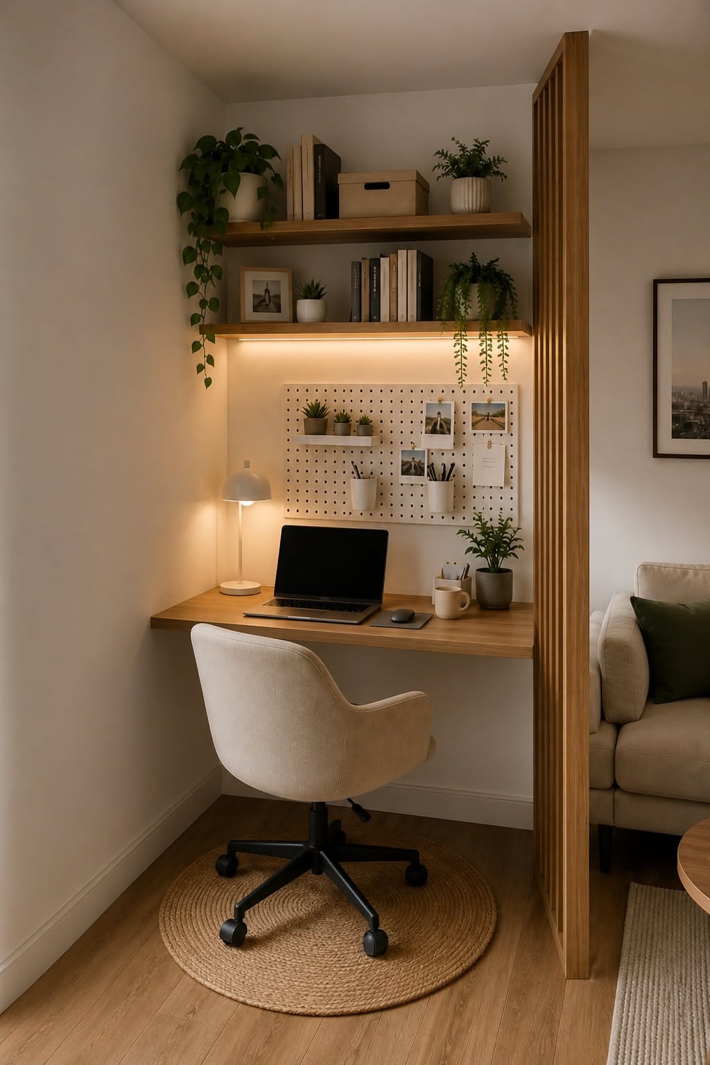 A compact home office nook in a corner features a light wood floating desk, shelves, a pegboard, and a cream-colored office…