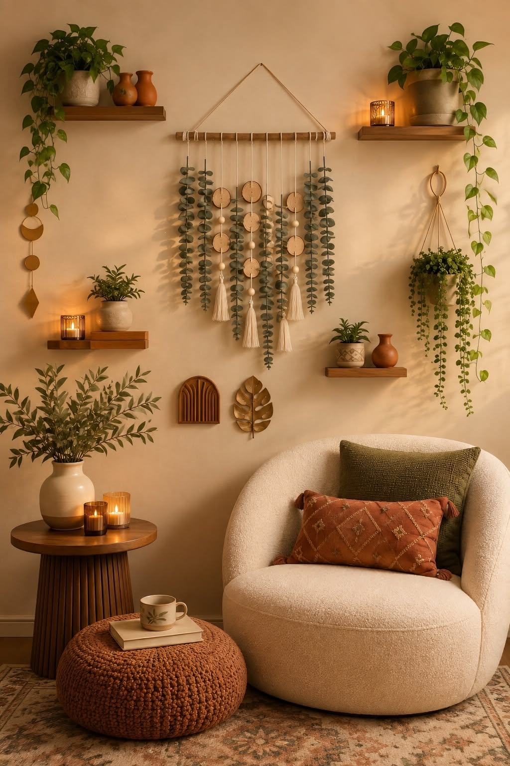 Lounge area with a cream-colored chair, round knitted ottoman, wooden side table with candles, and shelves with plants and…