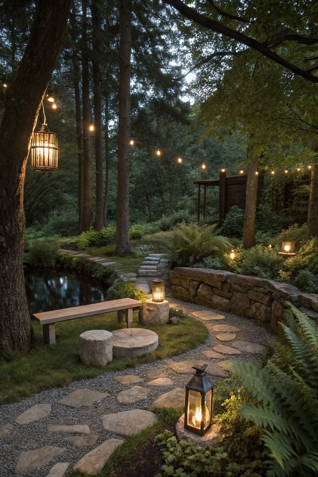 An evening garden scene with a stone path lit by lanterns and string lights, leading through trees next to a pond.