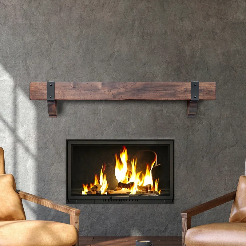 Rustic wood fireplace mantel with dark steel straps against a pale wall.