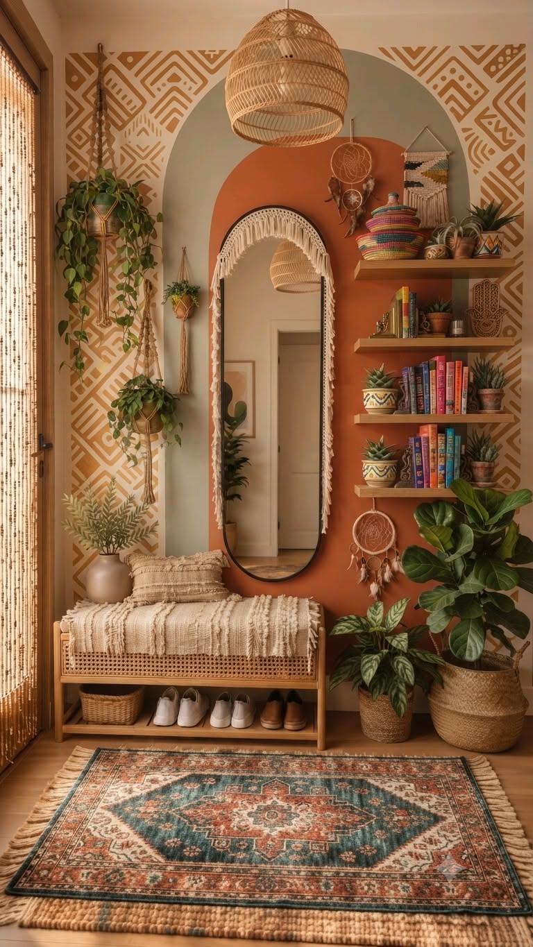 Boho entryway with a macrame-fringed mirror, woven bench, layered rugs, and shelves filled with books and plants, against…