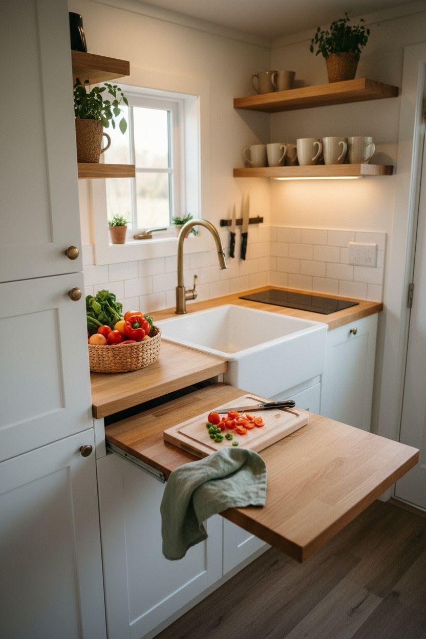 Small kitchen with a farmhouse sink and a pull-out wooden cutting board extending from under the countertop, holding chopped…
