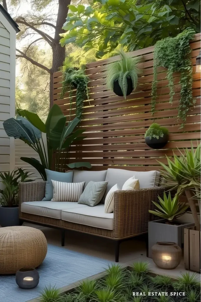 Outdoor sofa beside a privacy screen with curtains and patio greenery