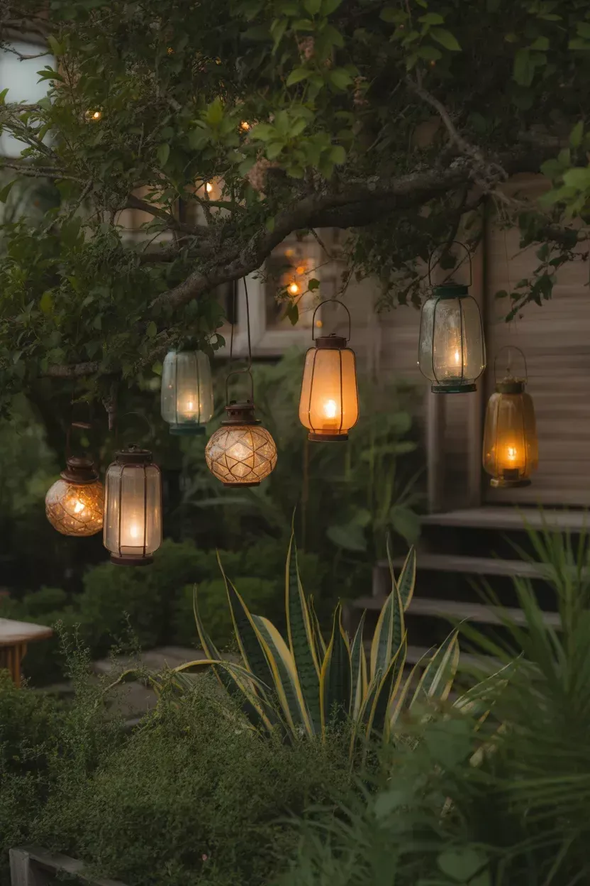 Decorative lanterns with warm lights hanging from tree branches in a garden at dusk, with foliage below