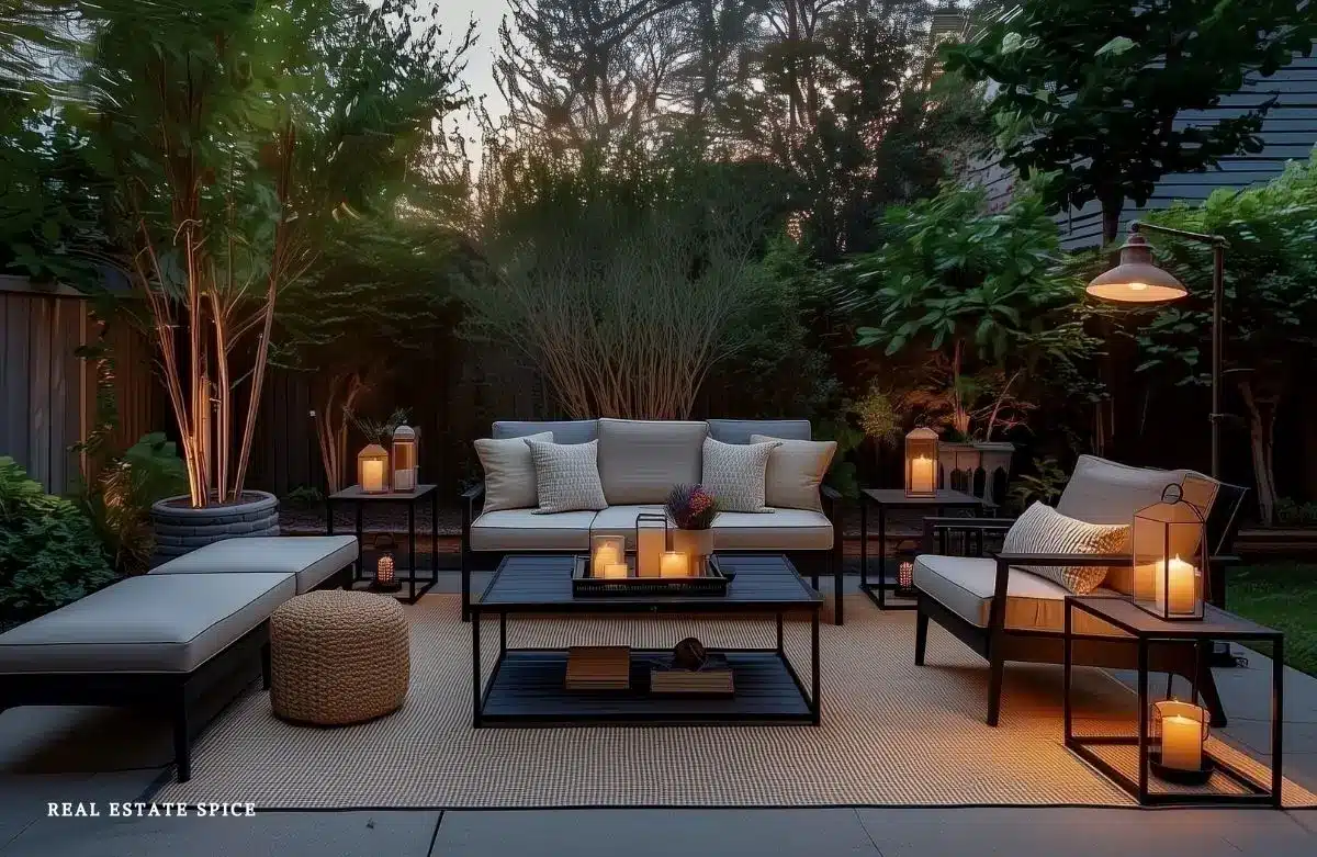 Private patio with outdoor chairs, sofa, privacy fence, and shrubs