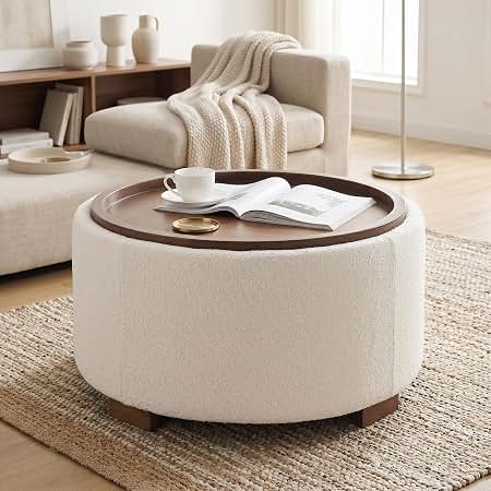 Brown round tufted upholstered storage ottoman with a lift top and wooden legs.