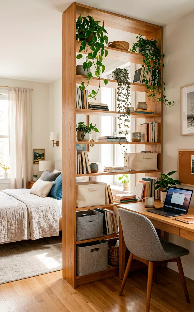 Wooden bookshelf acting as a room divider between a bedroom and a home office desk with a laptop.