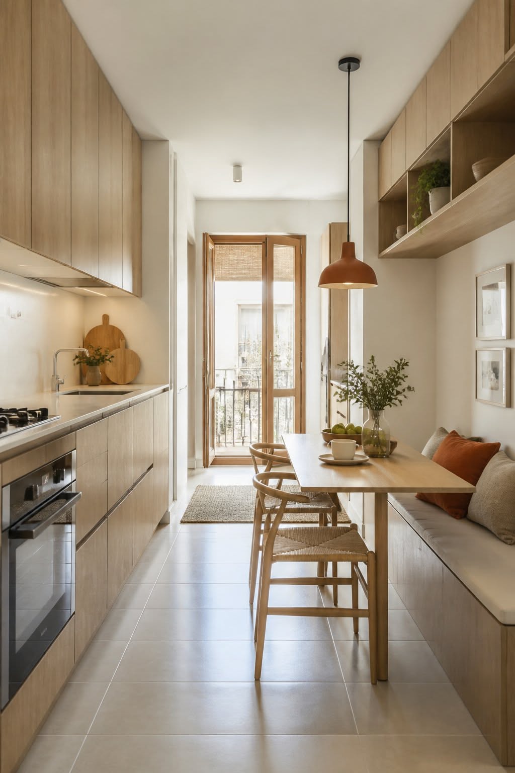 Narrow galley kitchen with light wood cabinetry, integrated oven, and a built-in dining bench with a wooden table and two…