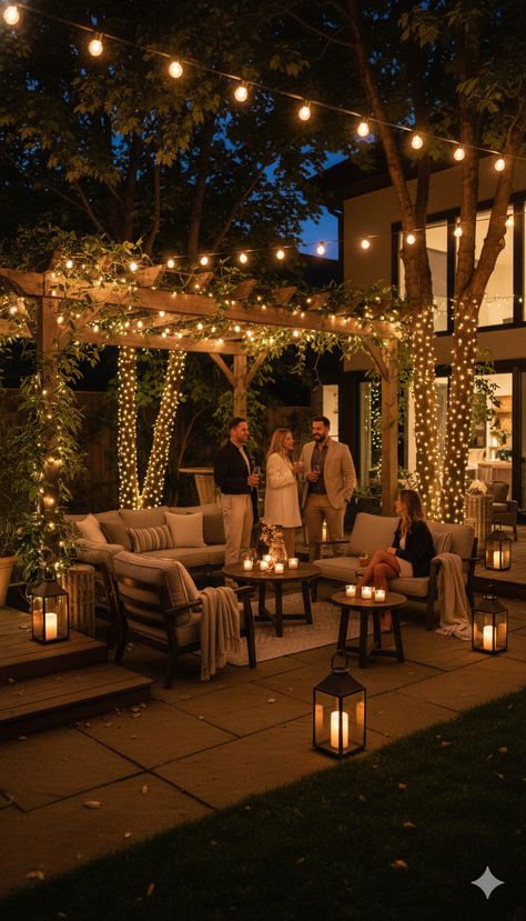 Outdoor garden path and patio outlined with small warm lights at night