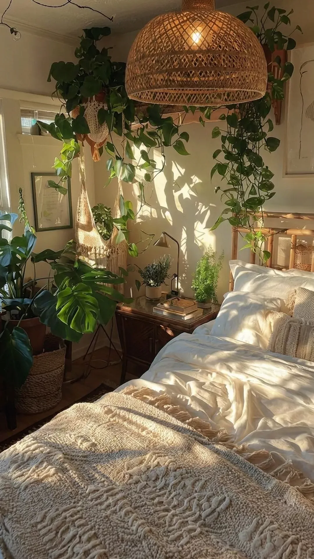Sunny bedroom with natural wood bed frame, white bedding, woven blanket, and several houseplants, including a large Monstera…