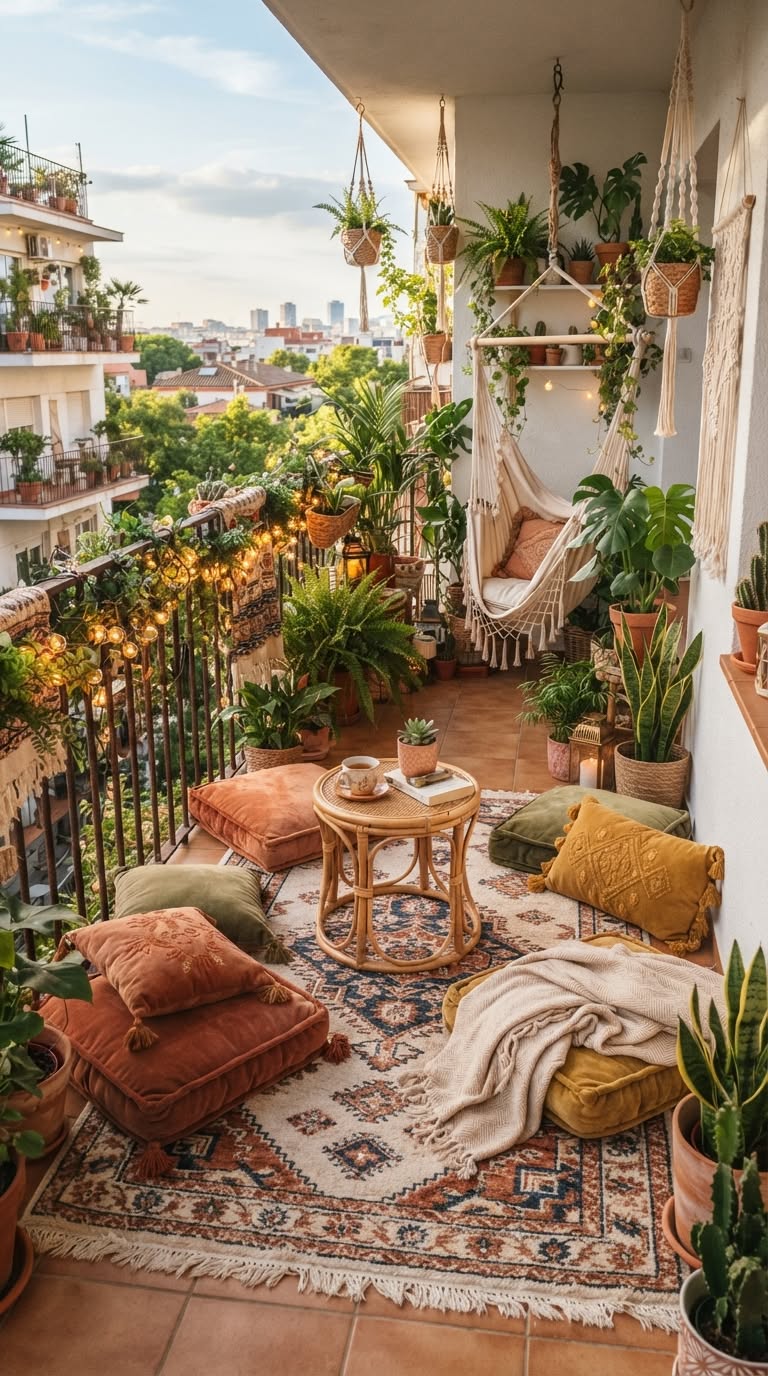 A bohemian-style balcony decorated with floor cushions, a small rattan table, many potted plants, string lights, a hammock…
