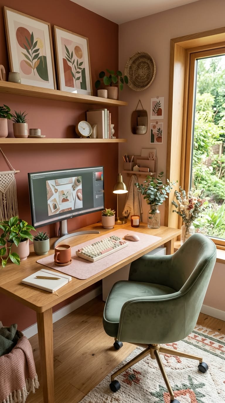 Wooden desk with a computer monitor, keyboard, and mousepad, next to a window, with shelves above it on a terracotta wall.