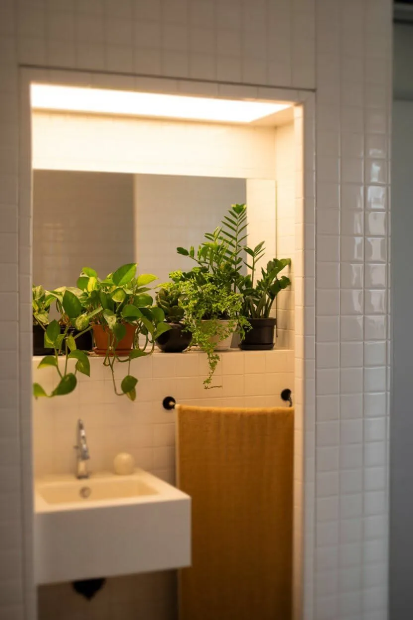 Small bathroom alcove with a recessed light above a mirror, illuminating potted plants on a shelf over a white sink.