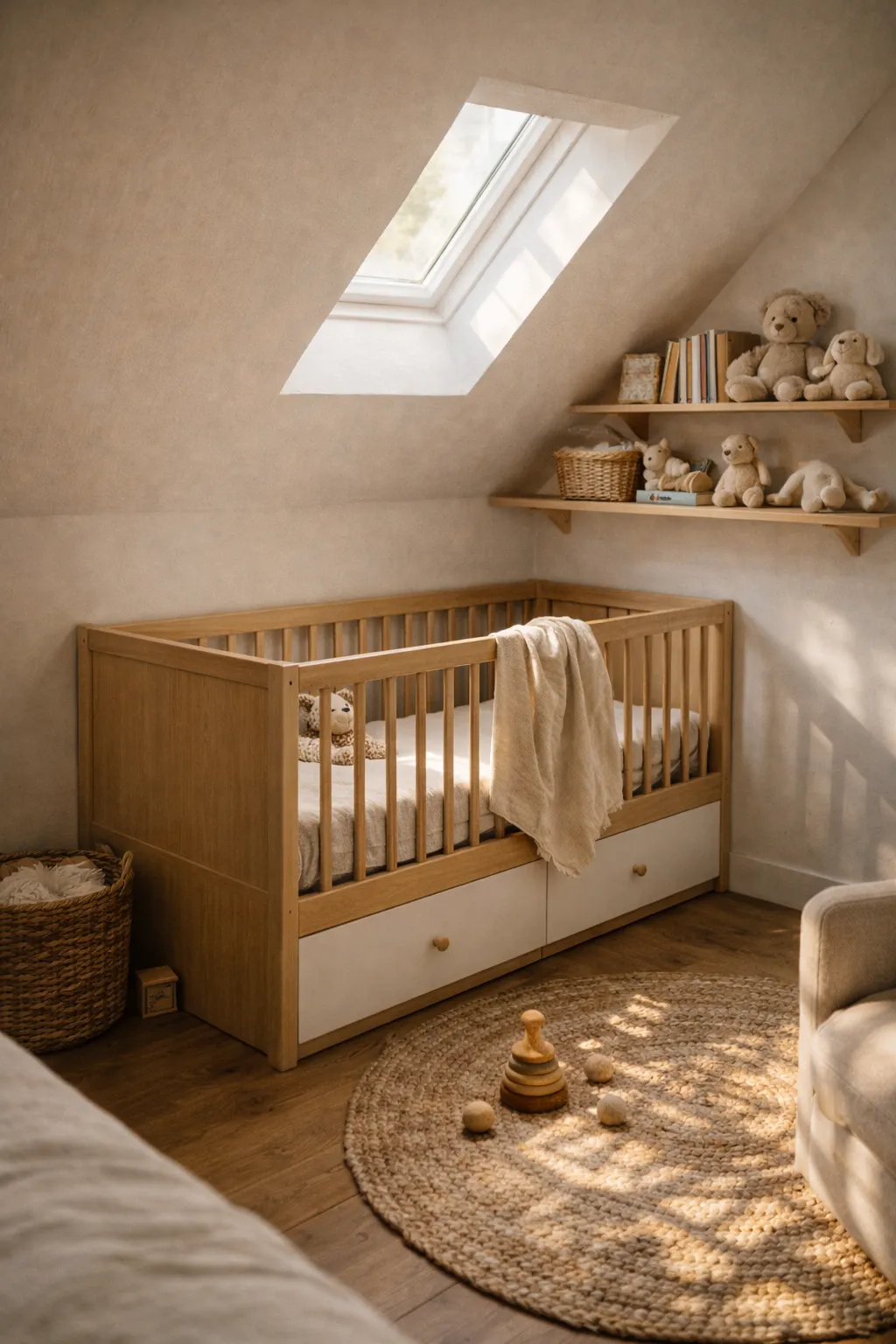 Baby's room with a light wood crib under a skylight, shelves with stuffed animals, and a round woven rug.