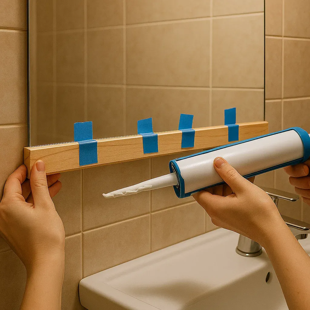 Hands holding a caulk gun and a piece of wood trim being applied to a bathroom mirror, secured by blue painter's tape.