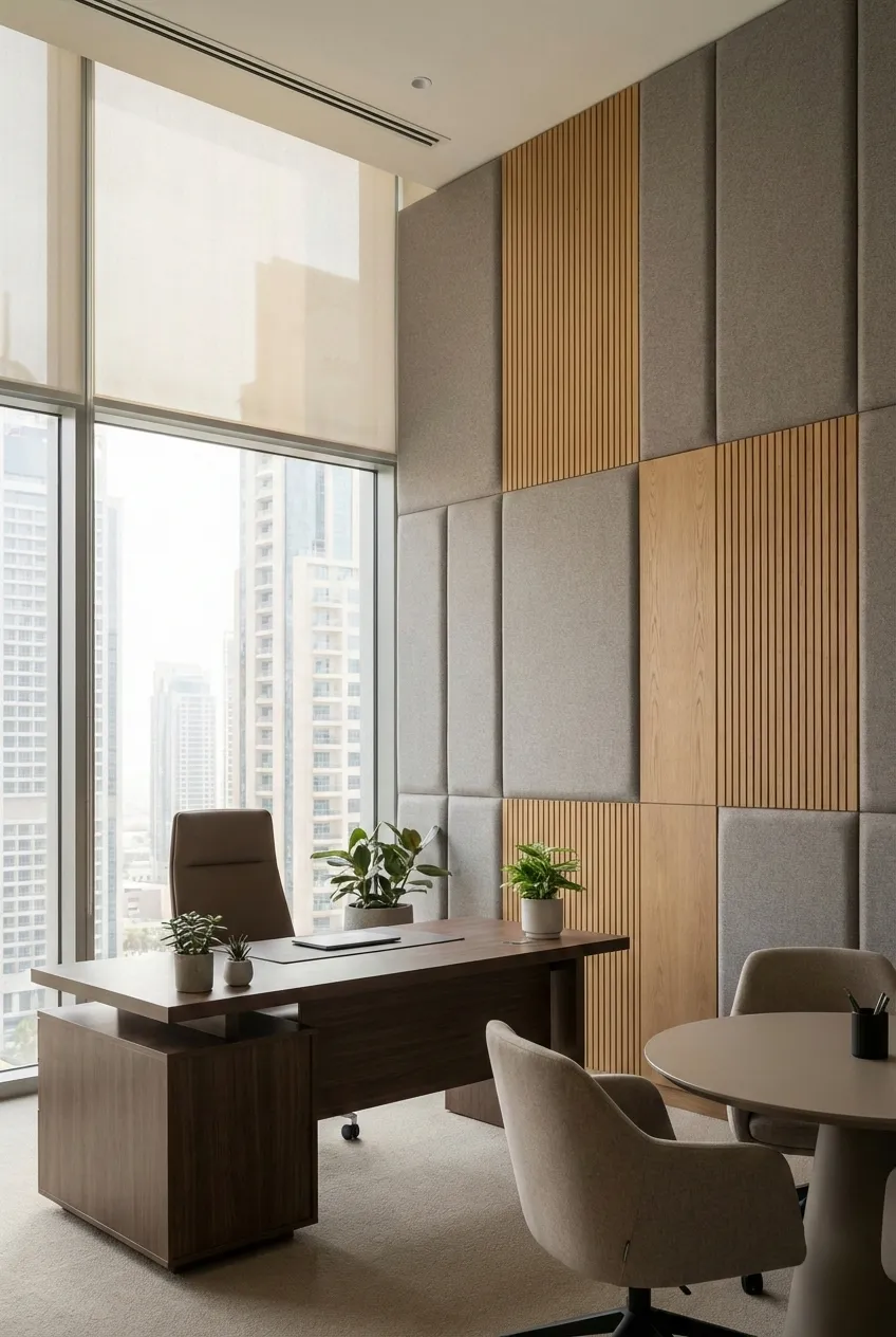 Modern office with fabric and slatted wood acoustic panels on a wall, a desk, and a small round table with chairs.